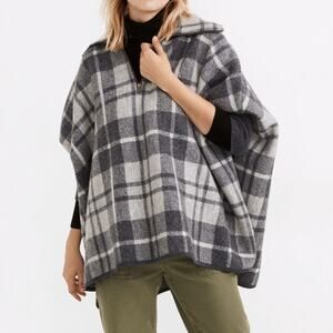 Madewell Boiled Merino Wool Lynwood Oversized Plaid Poncho Sweater Women's M
